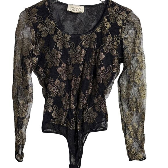 CACHE Size large bodysuit vintage 80's semi sheer black gold long sleeve top - Picture 1 of 6